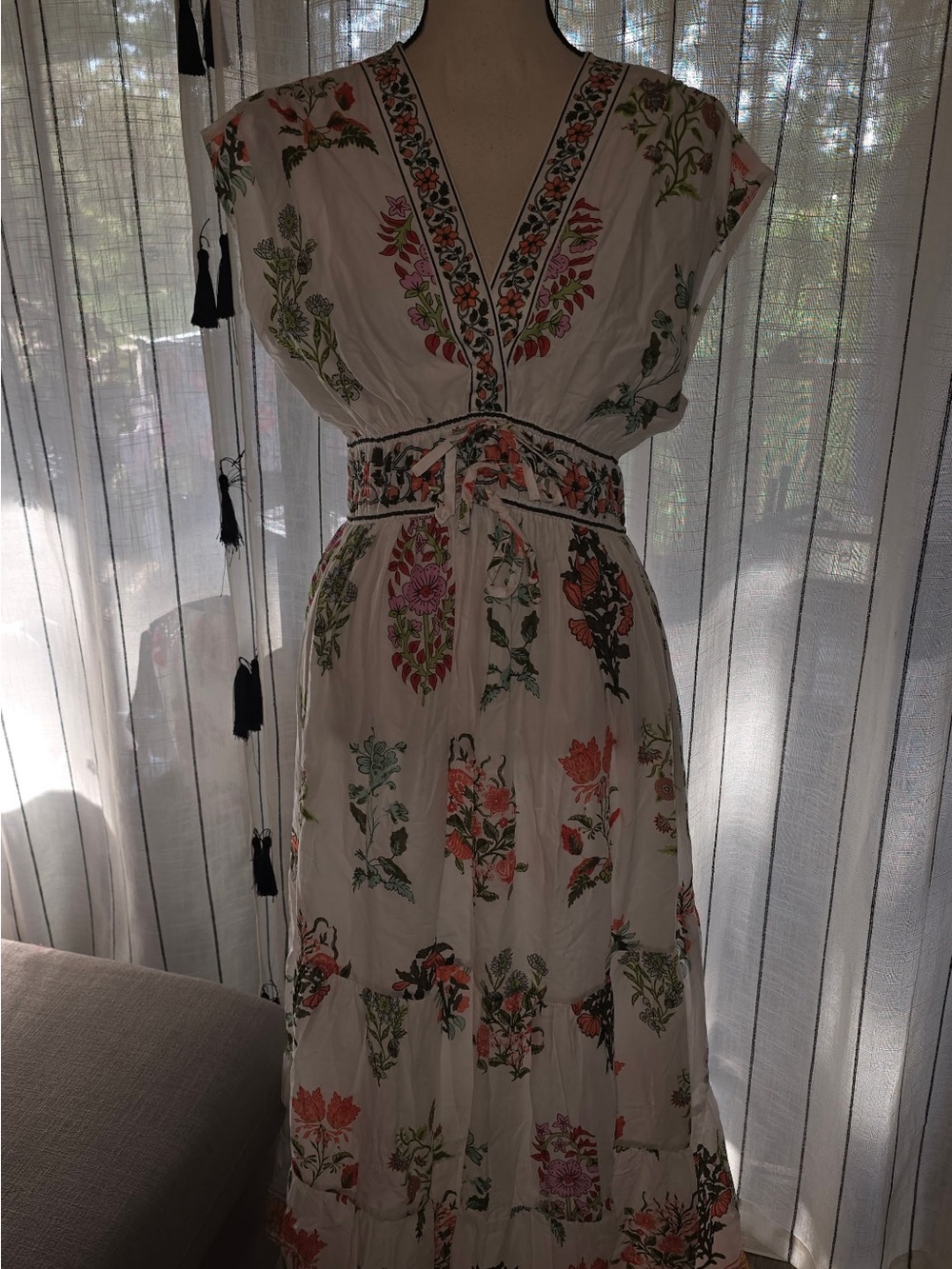 CeCe White Maxi Dress with Multi-Color Floral Embroidery and Belt